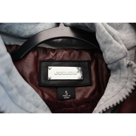 Jou Jou 103-1192ME Juniors Sz S Walnut Brown Faux-Leather Hooded Moto Jacket - Picture 3 of 9